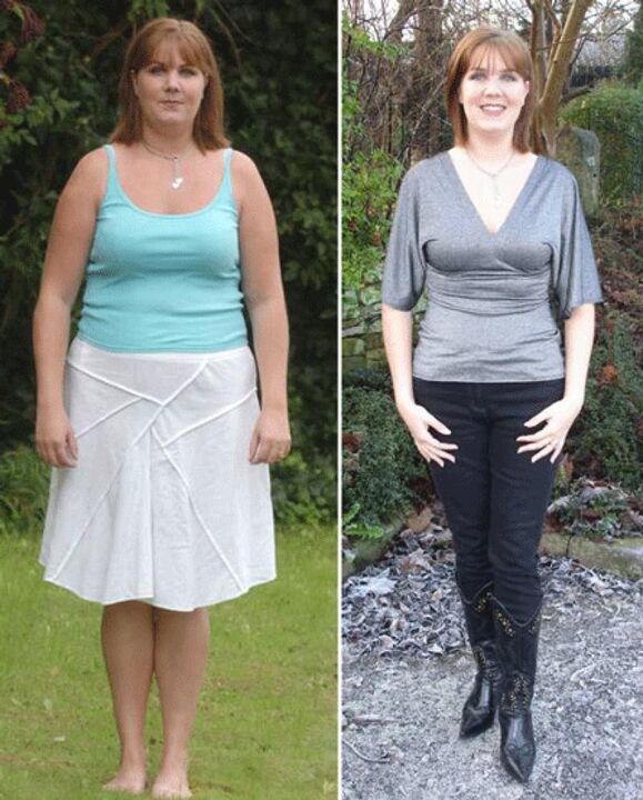 Mujer antes y después de la pérdida de peso con dieta de kéfir